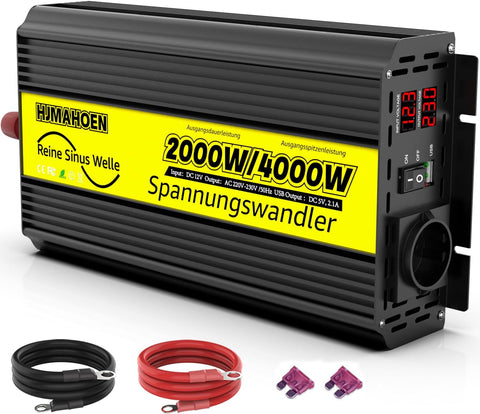Inverter/convertitore di tensione da 2000 Watt a onda sinusoidale pura da 12 V a 230 V per camper/roulotte/barca con porta USB