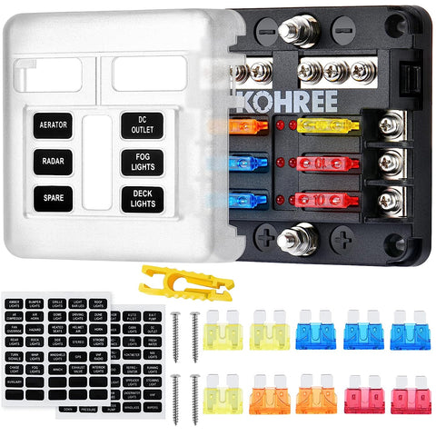 Porte-fusible 6 voies, boîte à fusibles ATO pour voiture, bloc de fusibles DC 12V-32V 100A + 10 fusibles à lame avec couvercle de protection d'affichage LED boîte à fusibles porte-fusible pour voiture bateau marine SUV