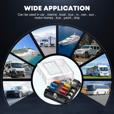 Porte-fusible 6 voies, boîte à fusibles ATO pour voiture, bloc de fusibles DC 12V-32V 100A + 10 fusibles à lame avec couvercle de protection d'affichage LED boîte à fusibles porte-fusible pour voiture bateau marine SUV
