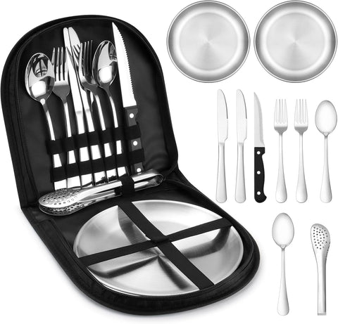 Set di stoviglie da campeggio per 2 persone, 10 pezzi, set di posate da campeggio portatili in acciaio inossidabile - piatti