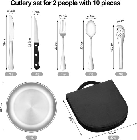 Set di stoviglie da campeggio per 2 persone, 10 pezzi, set di posate da campeggio portatili in acciaio inossidabile - piatti