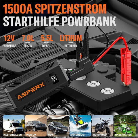 SuperV Jump Starter Power Bank 1500A 12V (jusqu'à 7,0L d'essence ou 5,5L de diesel) Démarreur de batterie de voiture Booster de batterie de voiture Power Bank pour véhicules 12V SUV Moto