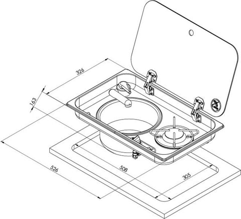 cuisinière-évier combiné 1 feu avec couvercle en verre