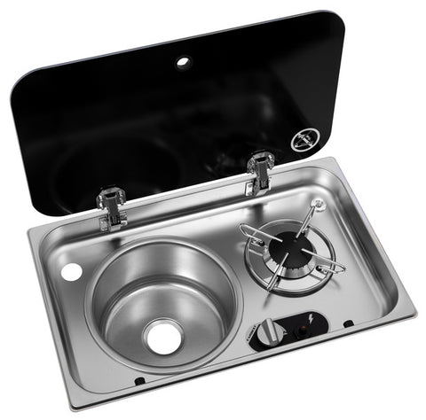 cuisinière-évier combiné 1 feu avec couvercle en verre