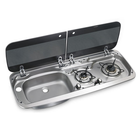 Combinaison cuisinière-évier avec couvercle en verre en 2 parties