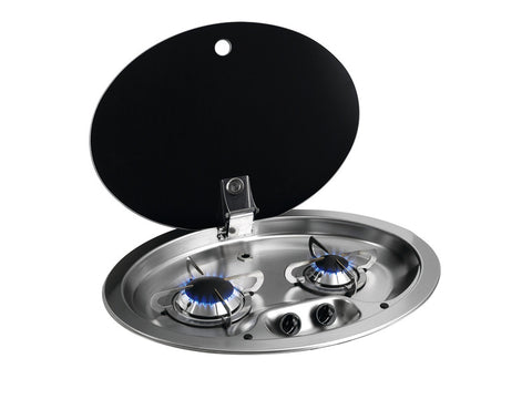 Piano cottura in acciaio inox a 2 fuochi con coperchio in vetro FC1348