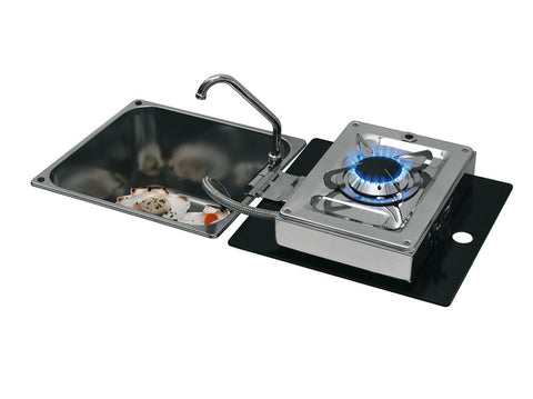Cuisinière-évier pliable combinée 1 feu 30 mbar avec robinet