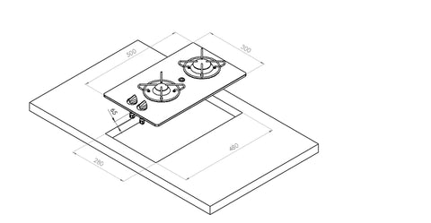Table de cuisson à gaz encastrable 2 feux - brûleurs l'un derrière l'autre