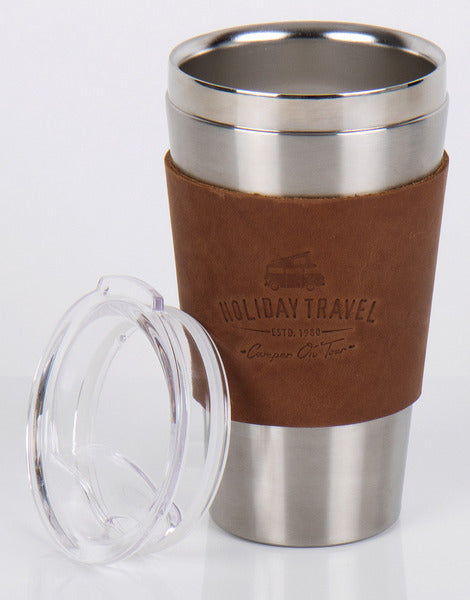 VOYAGE DE VACANCES - Mug isotherme en acier inoxydable avec housse en cuir