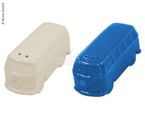 Salière et poivrière de la collection VW bleu et blanc