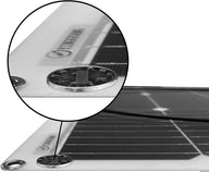 100W 18V flexibles Solarpanel (Solarmodul) – Detailaufnahme mit Münzgrößenvergleich