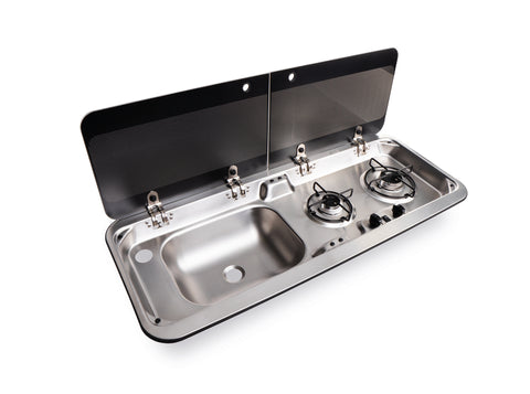 Combinazione piano cottura-lavello 2 pezzi coperchio in vetro - lavello a sinistra