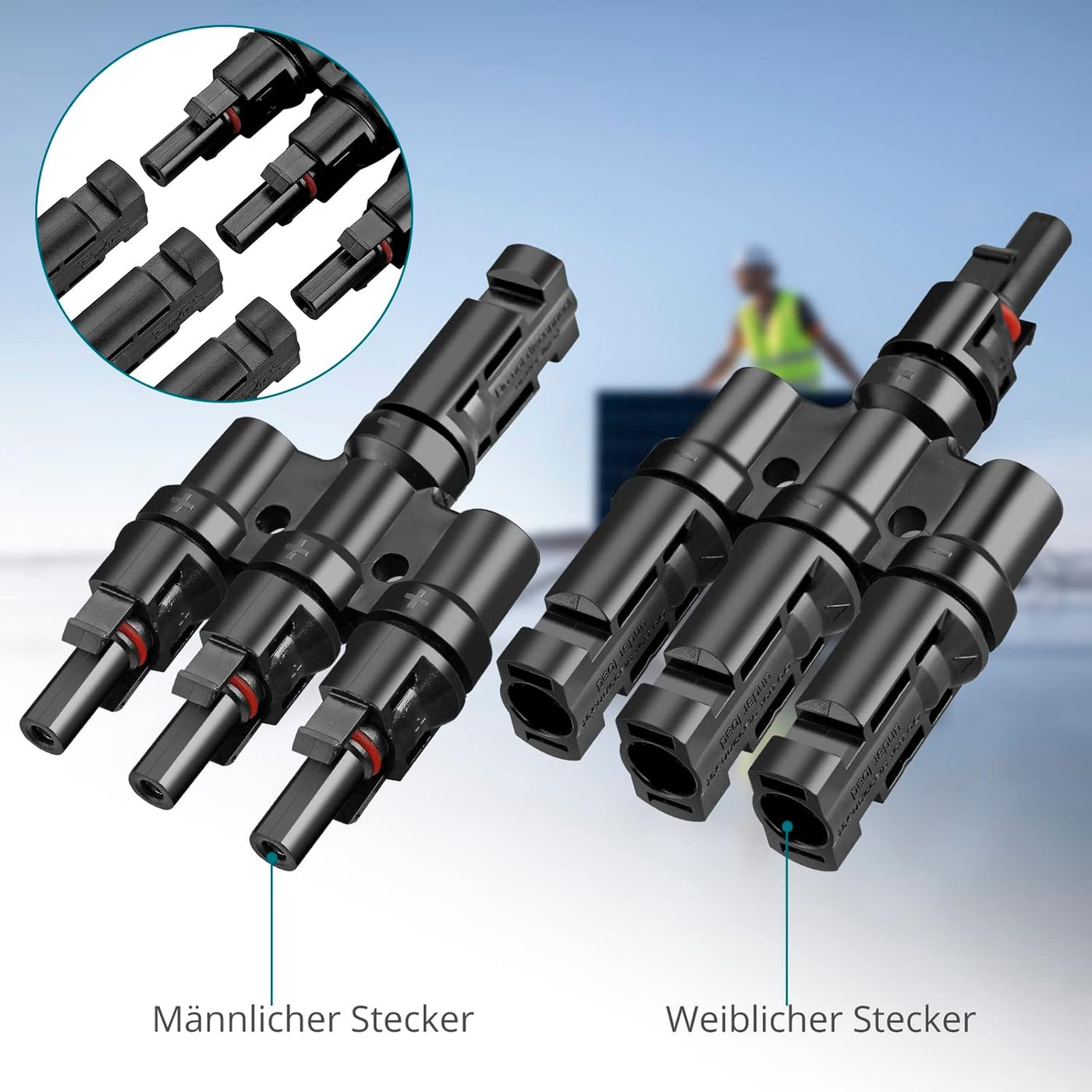 3-fach - Stecker - Abzweigbuchsen (1 Set) Kabelstecker MC4 Männlich/Weiblich, Solar Abzweigverbinder für die Parallelschaltung