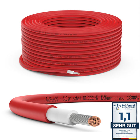 PV Solarkabel 6mm² - Meterware - UV-beständig - flexibel - Reines Kupfer 1500V ROT - PLUSLEITUNG