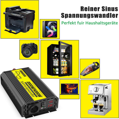 2000 Watt Wechselrichter / Spannungswandler reine Sinuswelle 12V auf 230V Wohnmobil / Wohnwagen / Boot mit USB-Anschluss