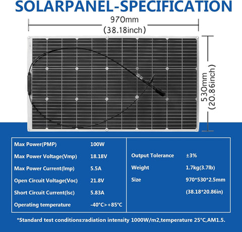 Pannello solare flessibile da 100 W / 100 Watt, modulo solare da 18 V / caricabatterie solare per sistemi fuori rete / sistemi a isola / centrali elettriche portatili / batterie / barche / auto / tetti / campeggio / ricarica / giardino