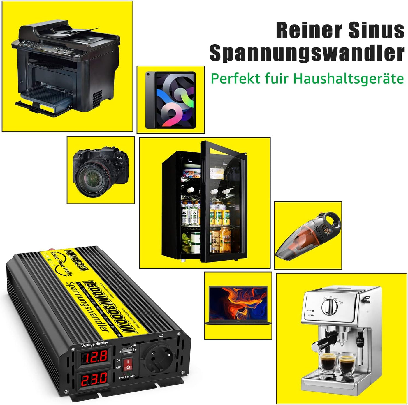 1500 Watt Wechselrichter / Spannungswandler reine Sinuswelle 12V auf 230V Wohnmobil / Wohnwagen / Boot mit USB-Anschluss