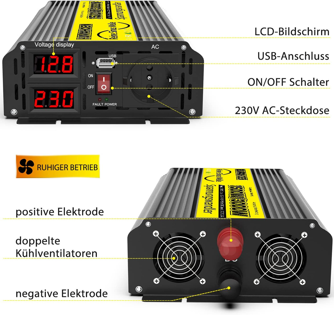 1500 Watt Wechselrichter / Spannungswandler reine Sinuswelle 12V auf 230V Wohnmobil / Wohnwagen / Boot mit USB-Anschluss