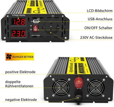 Onduleur / convertisseur de tension 1500 Watt onde sinusoïdale pure 12V à 230V mobil-home / caravane / bateau avec connexion USB