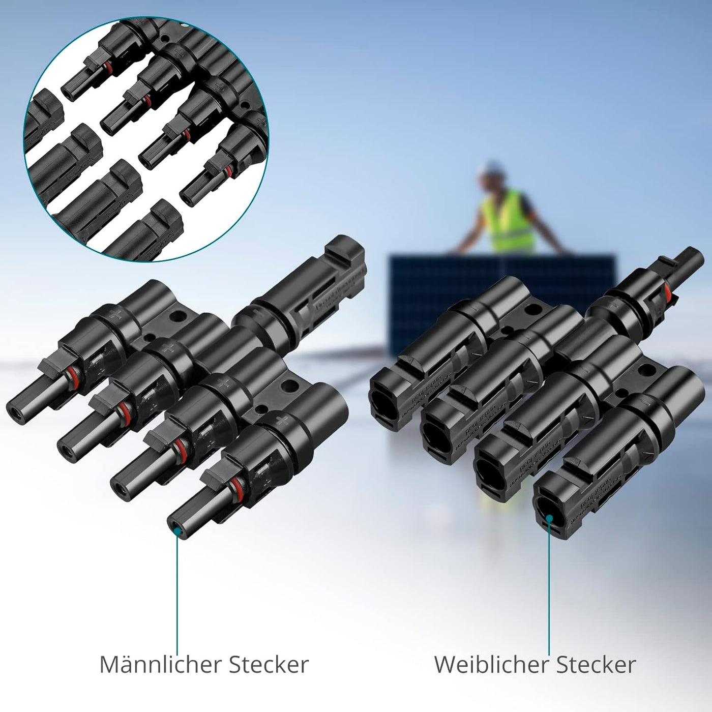 4-fach - Stecker - Abzweigbuchsen (Set) Solarcerteiler MC4 Männlich/Weiblich, Solar Abzweigverbinder für die Parallelschaltung