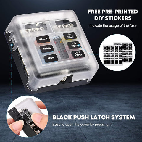 Portafusibile a 6 vie, scatola fusibili ATO per auto, blocco fusibile CC 12V-32V 100A + 10 fusibili a lama con indicatore LED, coperchio protettivo, scatola fusibili, portafusibile per auto, barche, SUV marini 