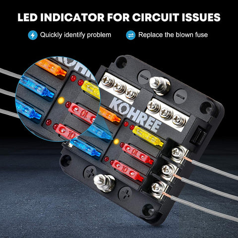 Porte-fusible 6 voies, boîte à fusibles ATO pour voiture, bloc de fusibles DC 12V-32V 100A + 10 fusibles à lame avec couvercle de protection d'affichage LED boîte à fusibles porte-fusible pour voiture bateau marine SUV 