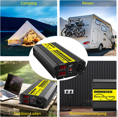 Onduleur / convertisseur de tension 1500 Watt onde sinusoïdale pure 12V à 230V mobil-home / caravane / bateau avec connexion USB