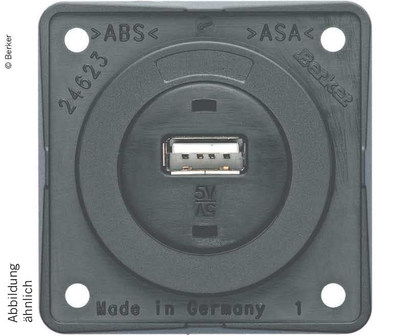 USB-Einbaubuchse, grau glänzend, 12V, 3A Ausgangsstrom