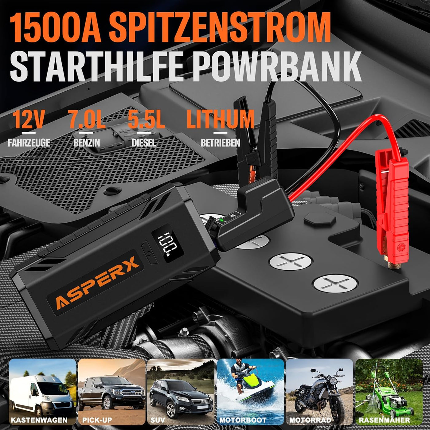 SuperV Starthilfe Powerbank 1500A 12V (Bis Zu 7,0L Benzin Oder 5,5L Diesel) Auto Starthilfe Auto Batterie Booster Starter Powerbank für 12V-Fahrzeuge SUV Motorrad