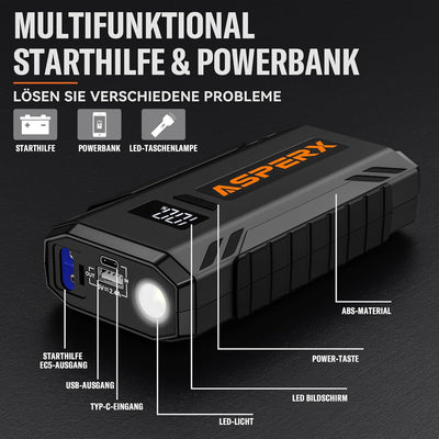 SuperV Starthilfe Powerbank 1500A 12V (Bis Zu 7,0L Benzin Oder 5,5L Diesel) Auto Starthilfe Auto Batterie Booster Starter Powerbank für 12V-Fahrzeuge SUV Motorrad