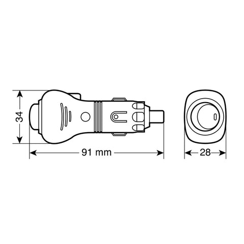 Masszeichnung Zigarettenanzünder-Stecker 91 × 34 × 28 mm