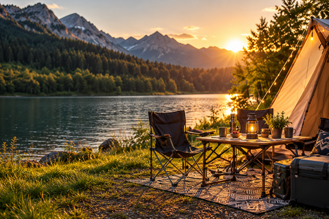 Gemütlicher Campingplatz mit Zelt, Tisch, Stühlen und Laterne an einem Bergsee bei Sonnenuntergang