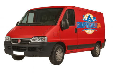 Roter Transporter mit CampingWelt24-Logo an der Seite; Fiat Ducato Typ 244/Peugeot Boxer/Citroën Jumper