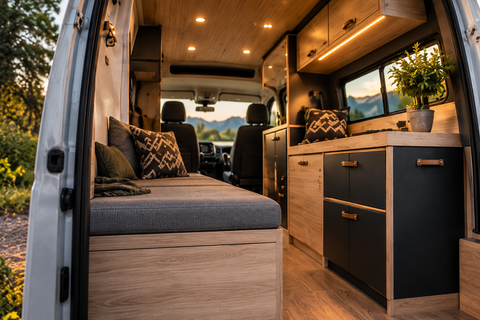 Innenansicht eines ausgebauten Campervans mit Holzschränken, Sitzbank, LED-Beleuchtung und Blick in die Berge