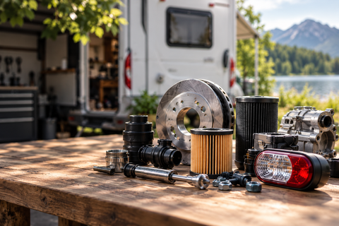 Verschiedene Wohnmobil- und Camper-Ersatzteile wie Filter, Bremsscheibe, Leuchte und Schrauben auf einer Werkbank