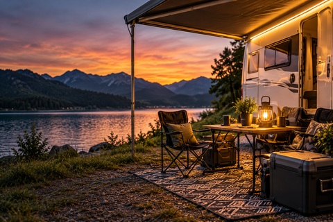 Wohnmobil mit Markise, Campingmöbeln, Laterne und Zubehör an einem See mit Bergpanorama im Abendlicht