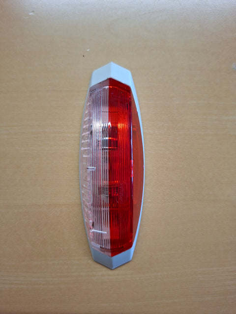 Umrissleuchte rot/weiss links mit weisser Grundplatte – 122,2 x 39,2 x 28,6 mm