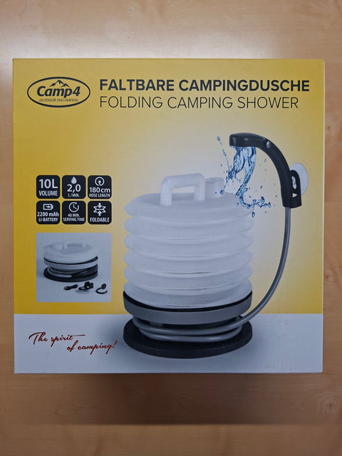 Campingdusche faltbar mit Akku – 2 l min, 2200 mAh, inklusive Tasche