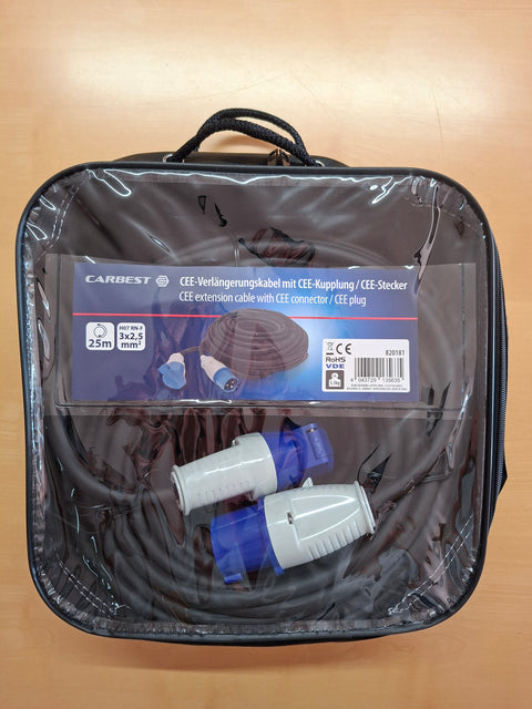 Carbest CEE-Verlängerungskabel 25 m – H07RN-F 3G2,5 mm², 230 V , 16 A, IP44, inklusive Tragetasche