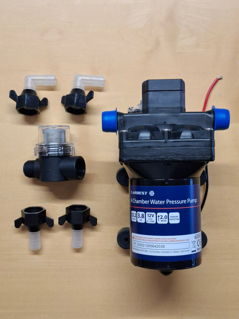 Selbstansaugende Druckwasserpumpe 12 V – 13,2 l min, 3,8 bar, 4-Kammer-Membranpumpe inklusive Filter und Schlauchadapter