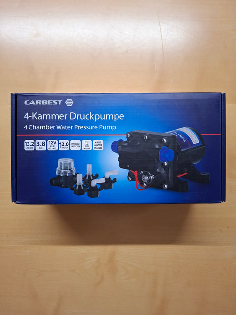 Selbstansaugende Druckwasserpumpe 12 V – 13,2 l min, 3,8 bar, 4-Kammer-Membranpumpe inklusive Filter und Schlauchadapter