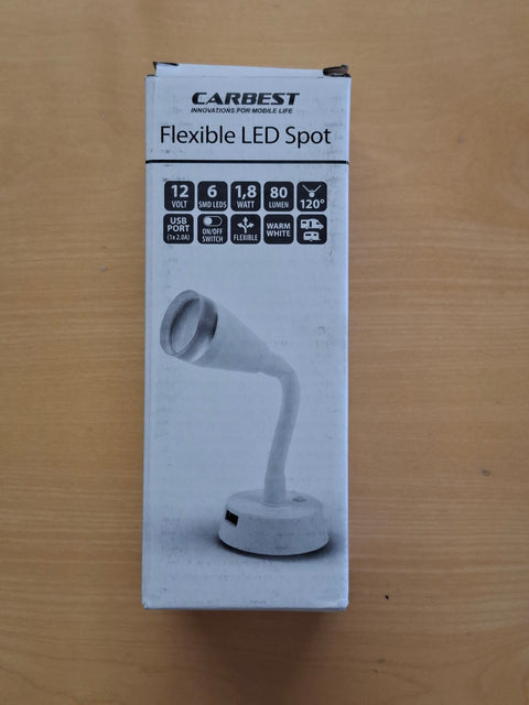 Faretto LED Carbest con braccio flessibile e presa di ricarica USB