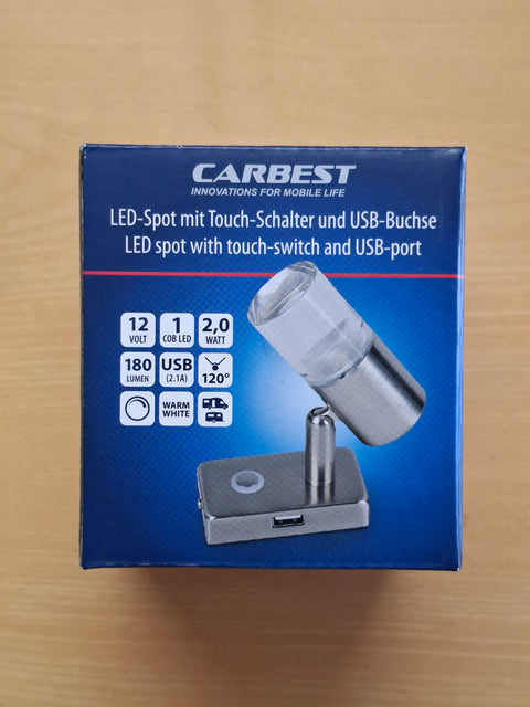 Carbest LED-Spot mit Touch-Schalter, USB-Port und Nachtlicht – 12 V, 180 lm