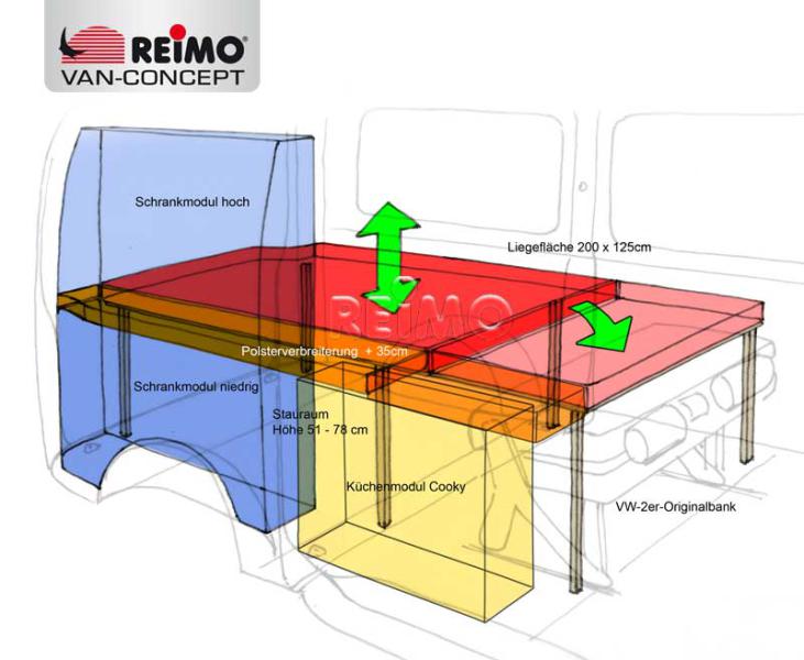 Küchenteil VW T6/5 kR Cooky als Fertigteil mit Polster für Bettverbreiterung