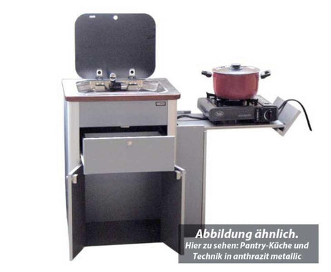 Cucina dispensa Multivan - unità prefabbricata con lavello, coperchio in vetro e tecnologia - argento lucido