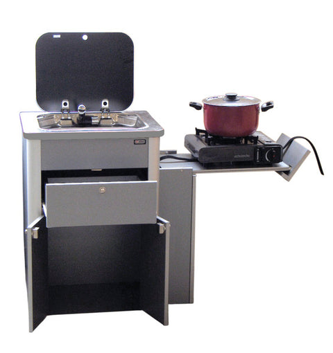 Cucina dispensa Multivan - unità prefabbricata con lavello, coperchio in vetro e tecnologia - Antracite Metallico