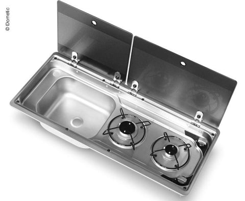 Combinazione piano cottura-lavello con coperchio in vetro in 2 parti