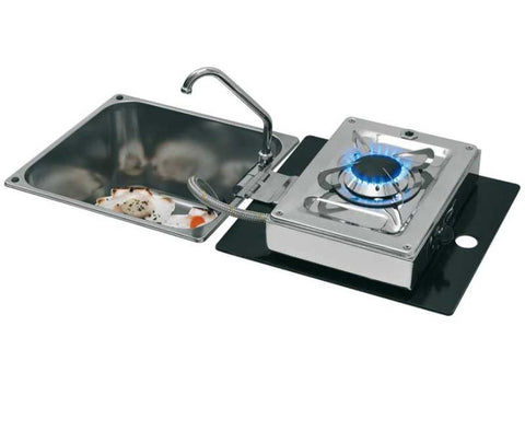 Cuisinière-évier pliable combinée 1 feu 30 mbar avec robinet