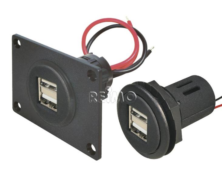 USB-Einbaudose 12/5V mit Doppel-USB 2x2,5A mit Montageplatte