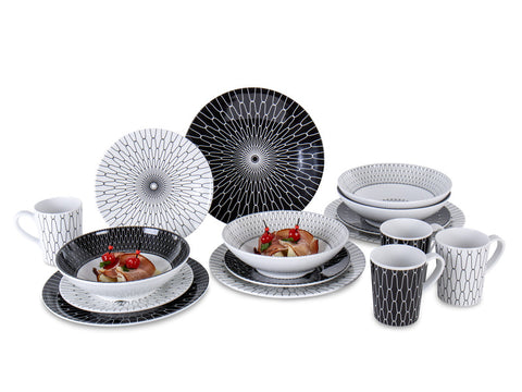 Set di stoviglie in melamina Camp4 Premium nero-bianco - per 4 persone